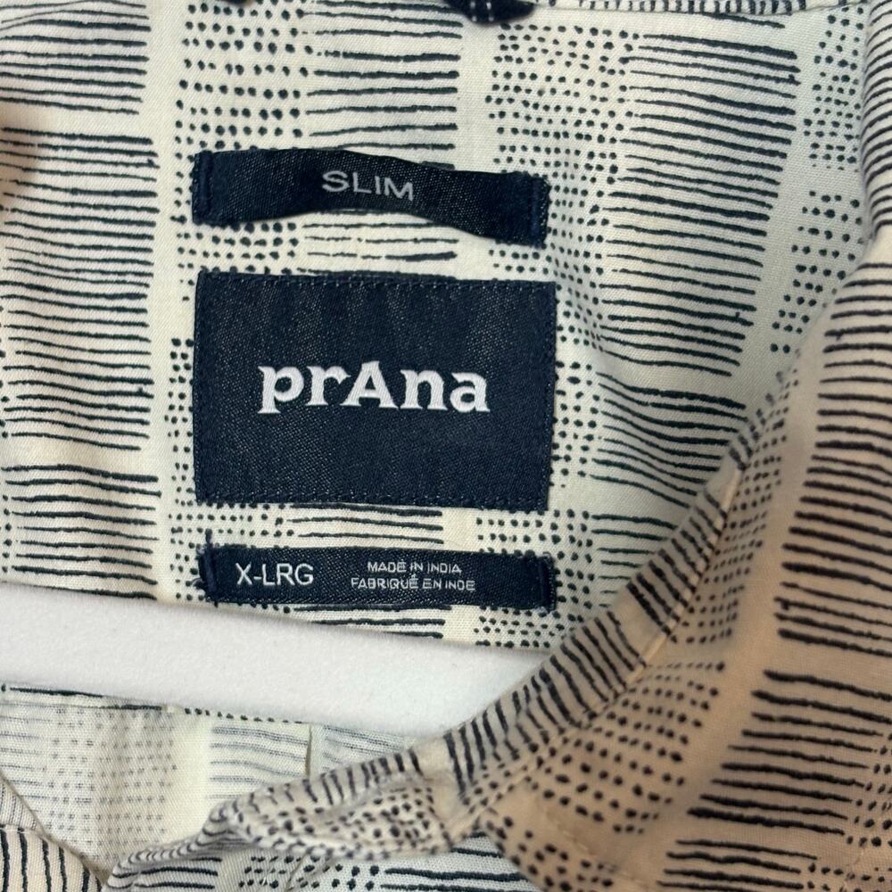 prAna Men’s Slim Fit Short Sleeve Button Up Shirt Cream Gray Print Size XL - Picture 2 of 11